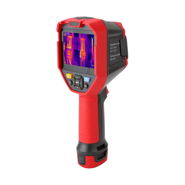 Red thermal imaging camera by Uni-Trend, displaying temperature readings on its screen.