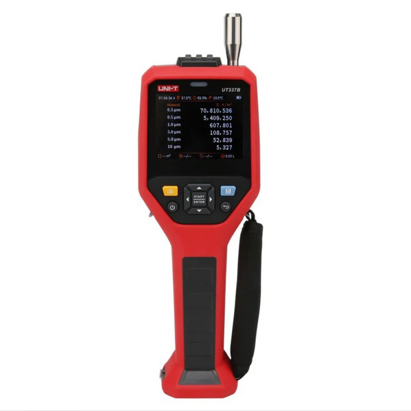 Red professional laser particle counter by Uni-Trend with an attached wrist strap and a digital display screen.
