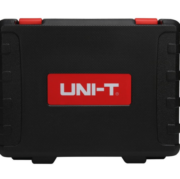 Black particle detector case by Uni-Trend with red rectangular label on the front.