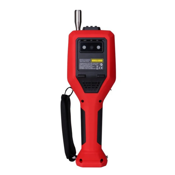 Red handheld particle counter by Uni-Trend with a black grip and a wrist strap.
