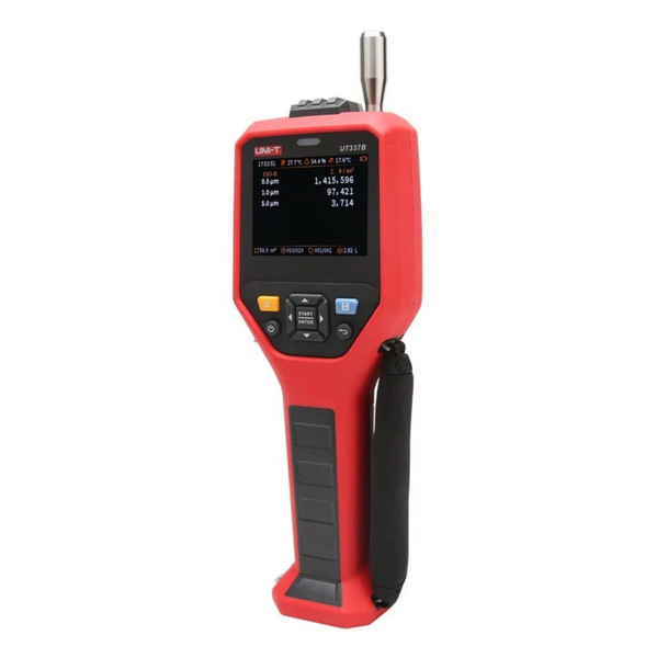 Red laser particle counter by Uni-Trend with a handle and digital display.