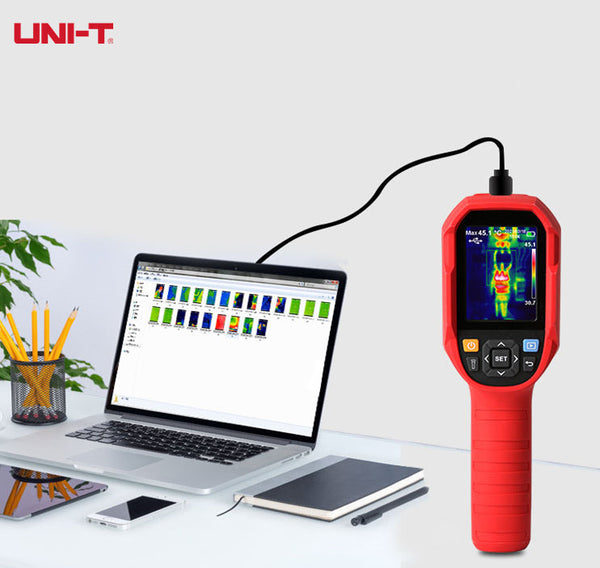 Red thermal imager connected to a laptop.