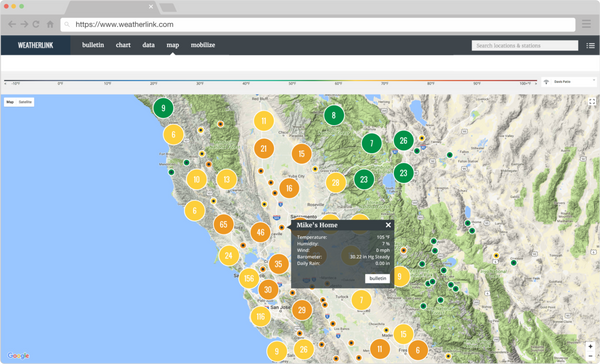 Weather data map from Davis Instruments showing temperatures across California and Nevada on a weather website.