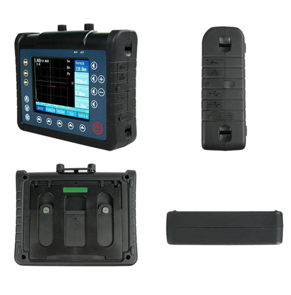 Digital ultrasonic flaw detector from BRK, displaying a graph with multiple function buttons, shown with three different views of its body.
