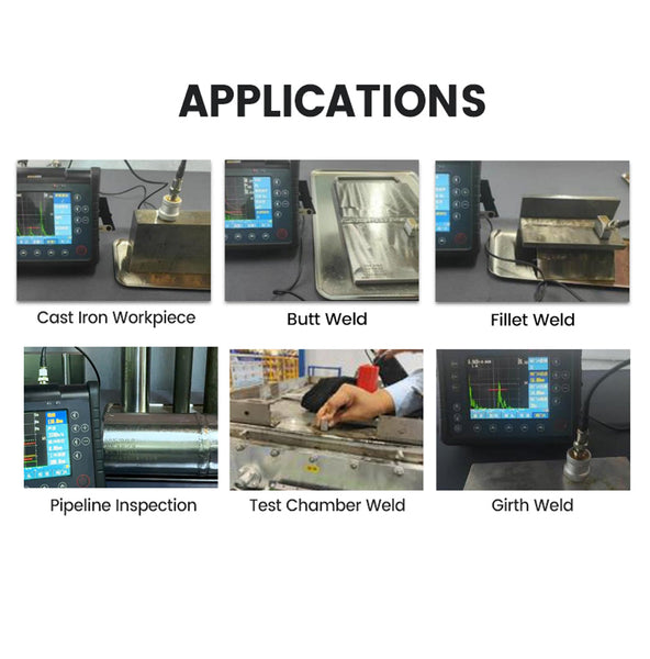 Digital ultrasonic flaw detector by BRK used in applications like cast iron workpiece, butt weld, and pipeline inspection.
