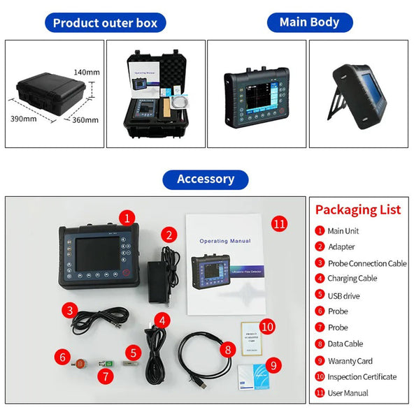Digital ultrasonic flaw detector from BRK, with product outer box, main body, accessories, and packaging list details.