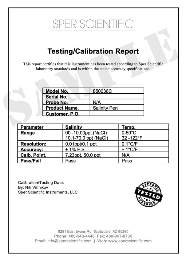 Certificate of Testing/Calibration for Conductivity Sensor (Not NIST)