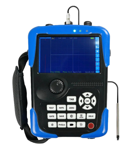 Digital eddy current flaw detector from BRK in a protective blue and black casing, featuring a display screen and control panel.
