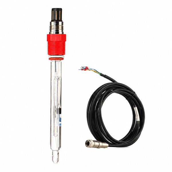 Representative high-temperature pH electrode alongside a compatible VP connection cable