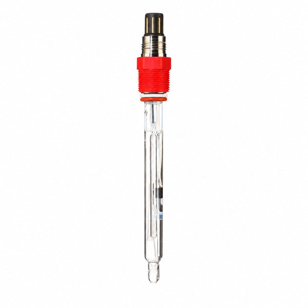 High-temperature glass pH sensor with VP connector, red fitting and clear glass body on a white background