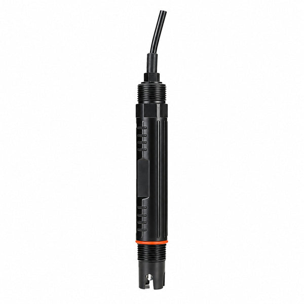 Industrial pure water pH sensor with black threaded housing, orange O-ring and integral cable on a white background