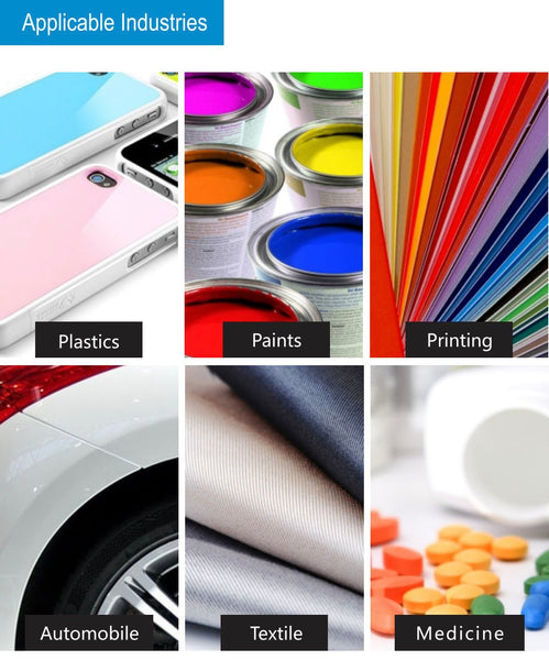 Precision colorimeter by 3nh showcasing applicable industries including plastics, paints, printing, automobile, textile, and medicine.
