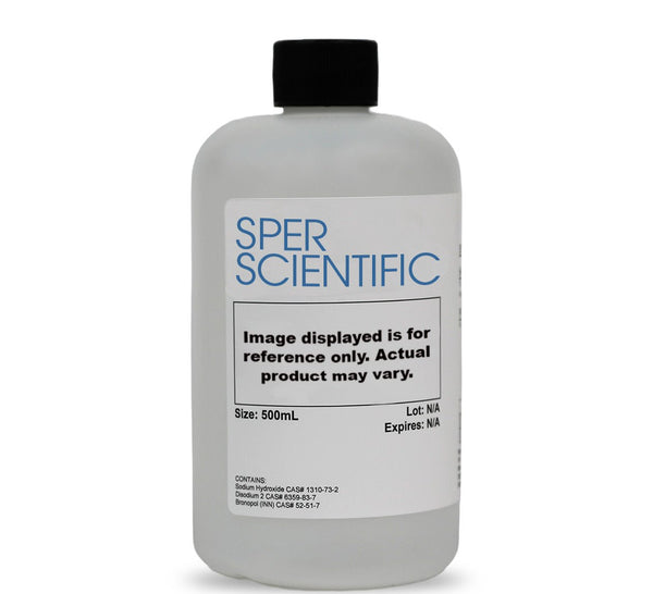 Calibration solution by Sper Scientific in a white plastic bottle with a black cap.